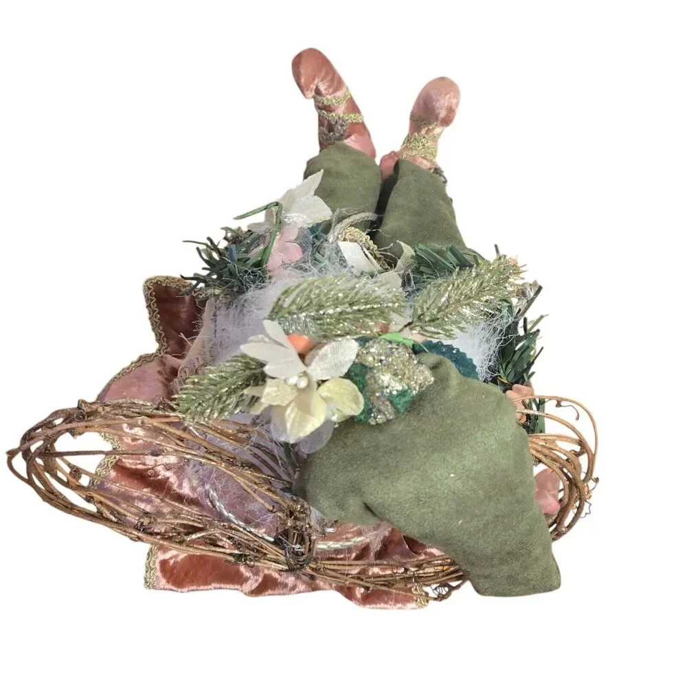 Sitting Woodland Santa Fairy Elf Holding Wreath Twig‎ Heart Wings
